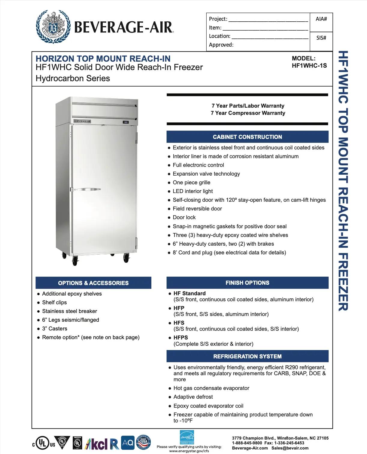 Image of a Beverage-Air Horizon Top Mount Reach-In Freezer showcasing cabinet construction, available options, accessories, finish options, and refrigeration system details. Includes warranty information and contact details for Beverage-Air.