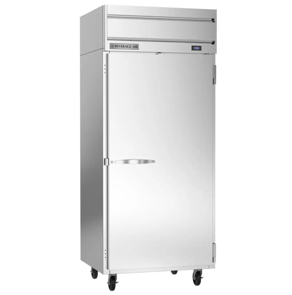Commercial stainless steel refrigerator by Beverage-Air, featuring a single door and mounted on wheels.