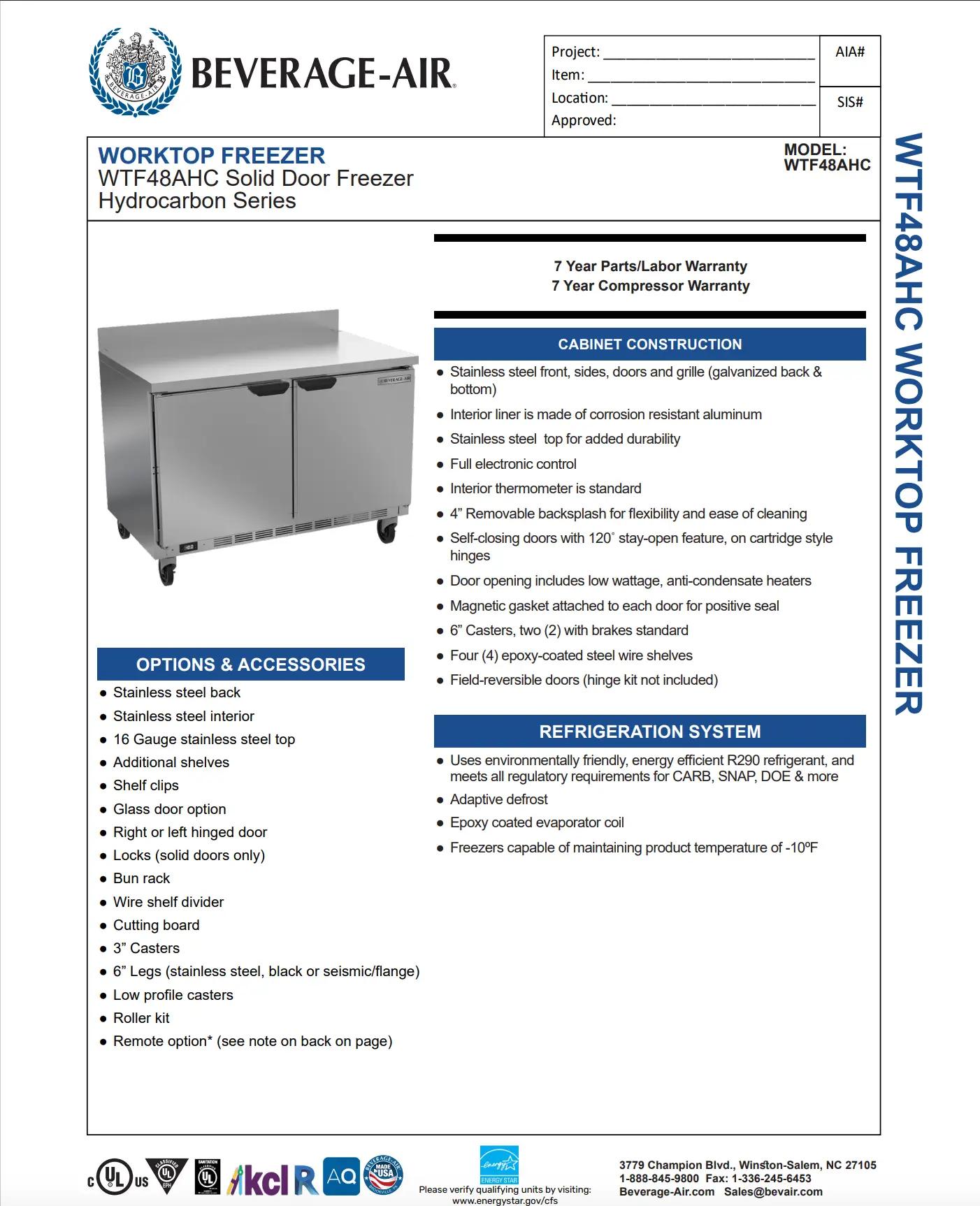 Image of a Beverage-Air worktop freezer model WTF48AHC with a solid door, part of the hydrocarbon series. Features include stainless steel construction, an optional glass door, and refrigeration system details. Warranty information is also visible.