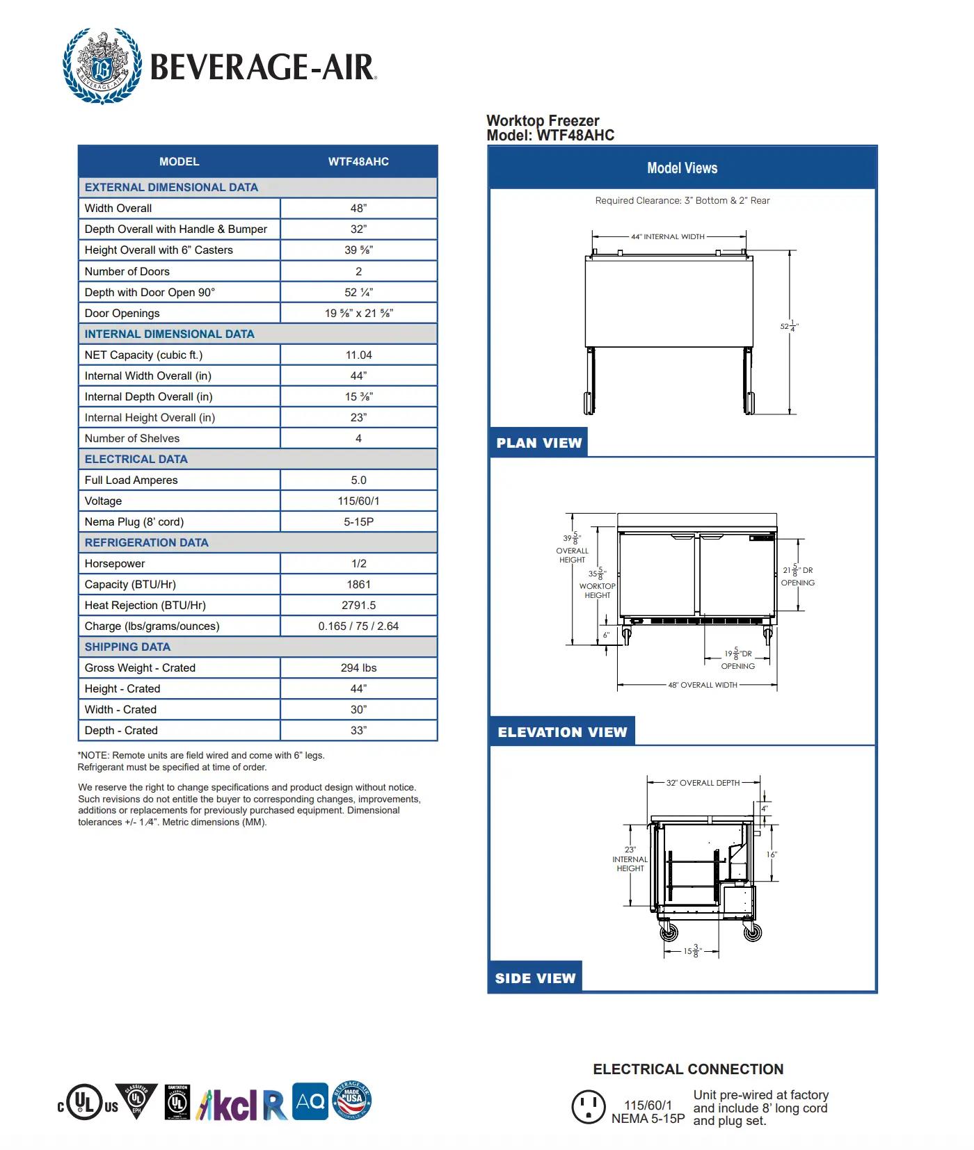 Diagram and specifications of Beverage-Air Worktop Freezer model WTF48AHC, showing external and internal dimensions, electrical and refrigeration data, and model views including plan, elevation, and side views.