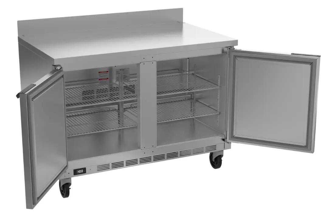 Commercial stainless steel refrigerator with two open doors, showing wire shelves inside. The unit is on wheels and features a digital temperature display at the bottom.