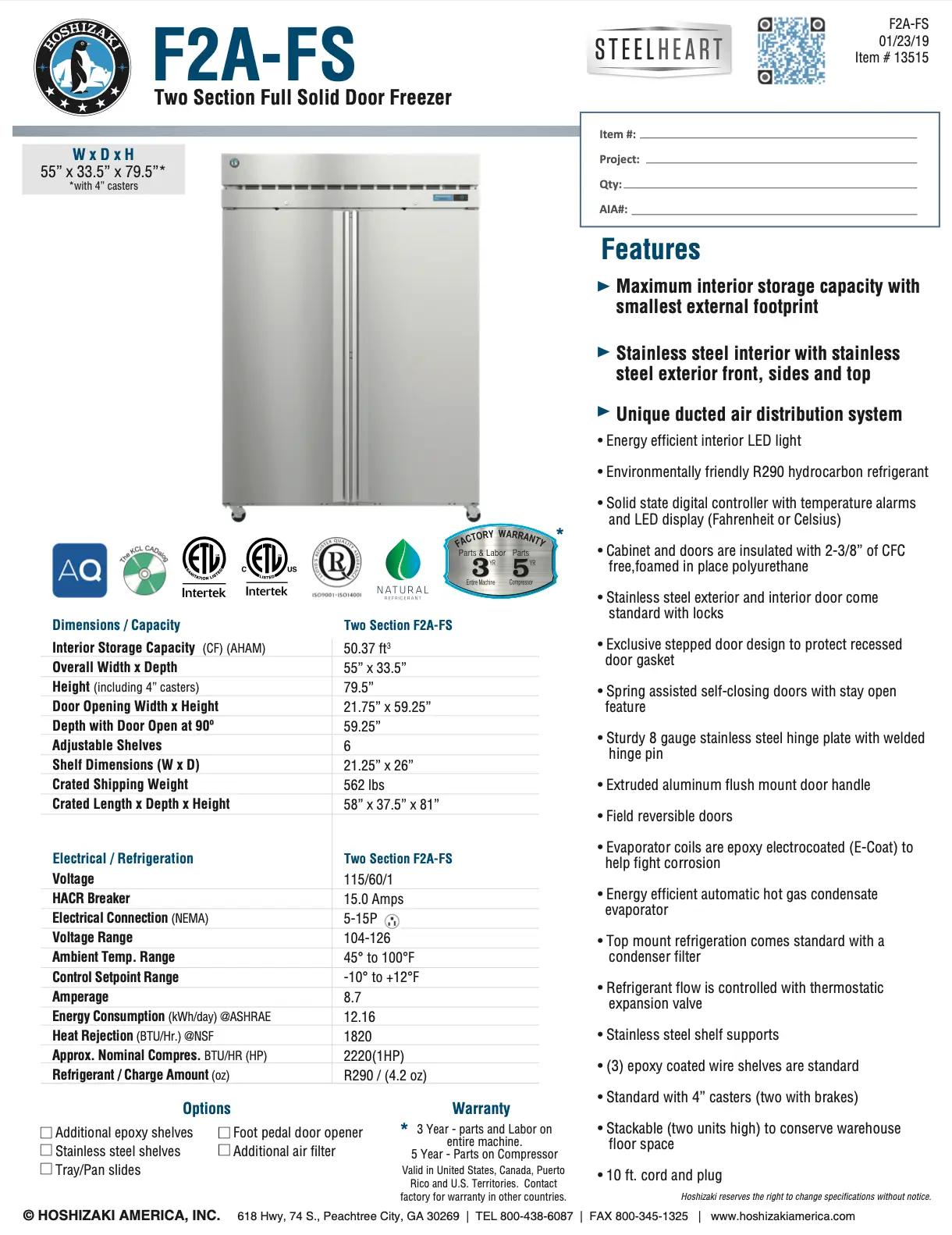 Two-section full solid door freezer by Hoshizaki, model F2A-FS, with dimensions 55" x 33.5" x 79.5". Features stainless steel construction, energy-efficient LED lighting, and a unique air distribution system.