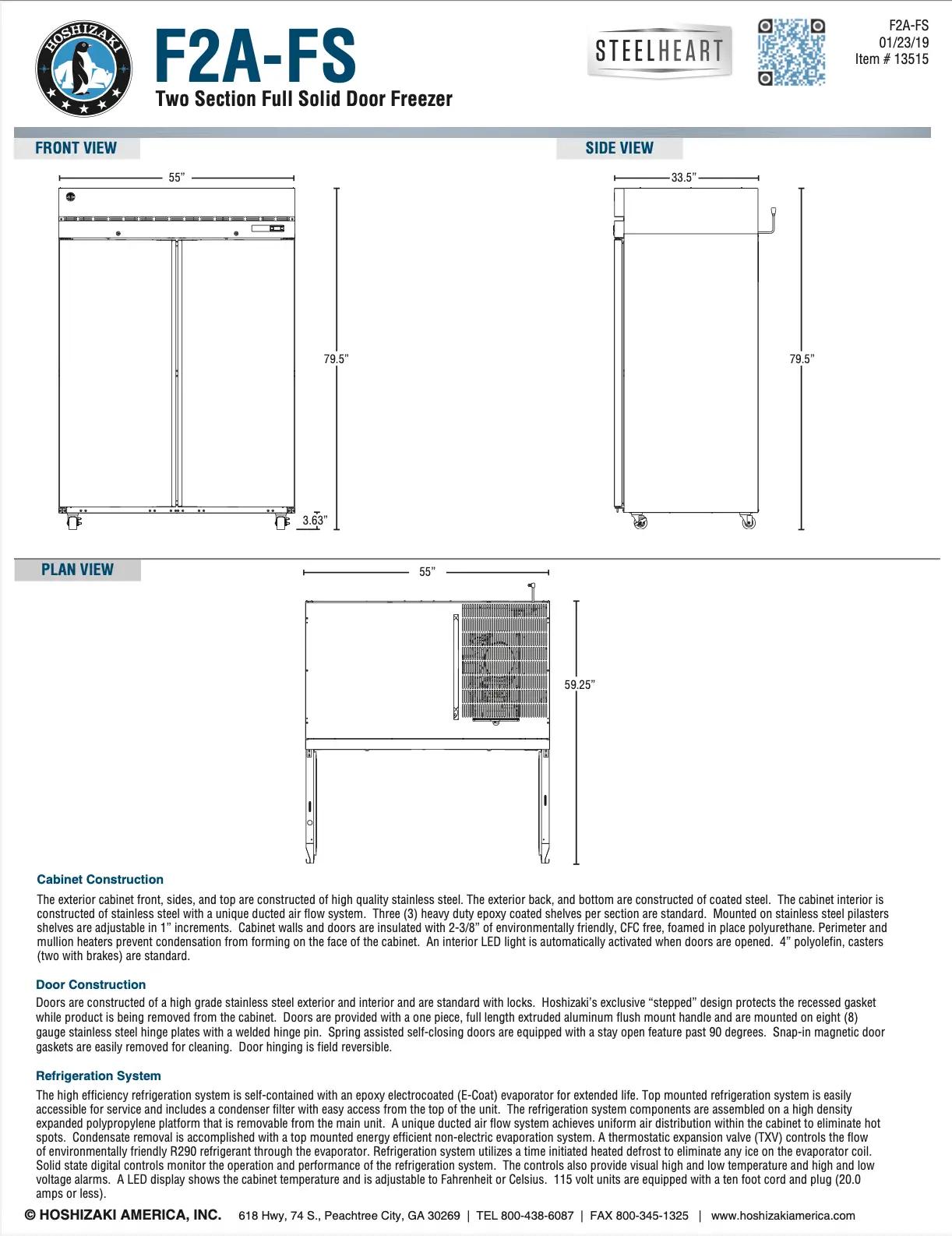 Diagram of Hoshizaki F2A-FS two-section full solid door freezer with front, side, and plan views, showing dimensions and construction details. Includes information on cabinet, door, and refrigeration system features.