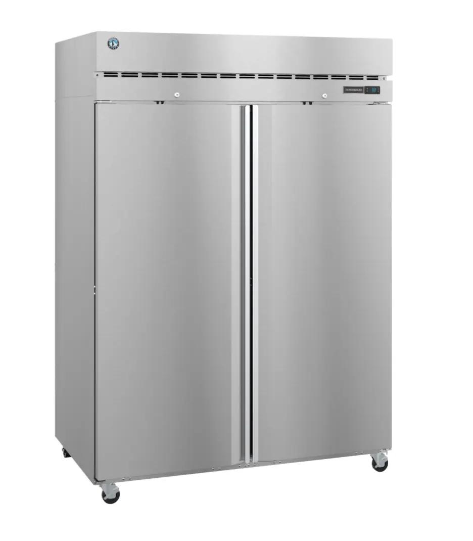 A stainless steel commercial refrigerator with double doors and wheels, representing a project completed by Mid America.