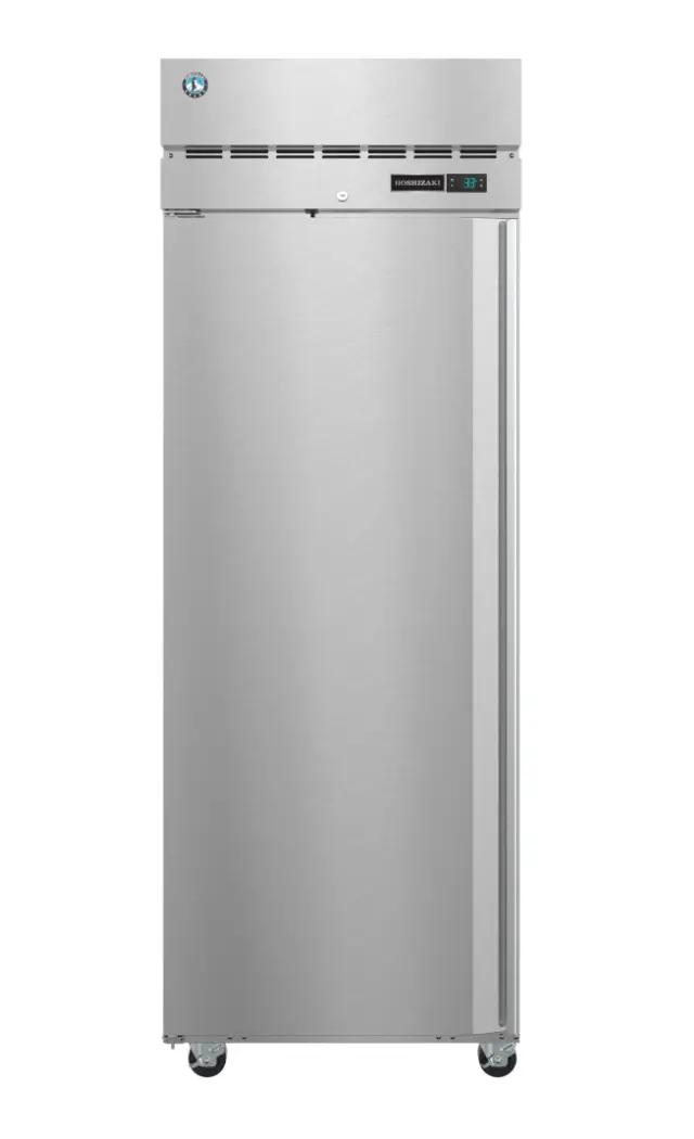 A stainless steel commercial refrigerator with a digital temperature display showing 33 degrees, equipped with wheels for mobility.