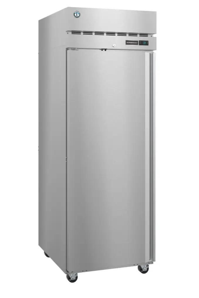 A stainless steel commercial refrigerator with a digital display, manufactured by Hoshizaki, featuring wheels for easy mobility.