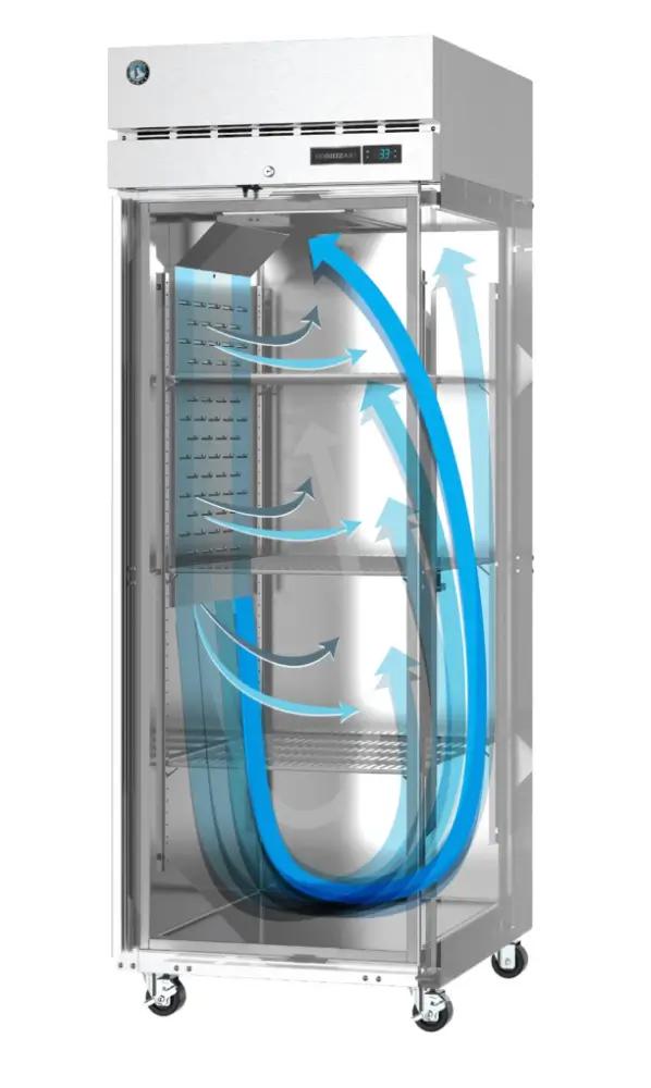 Commercial refrigerator with transparent doors, showing blue arrows for airflow patterns indicating cooling circulation. The unit is on wheels and features a digital temperature display.