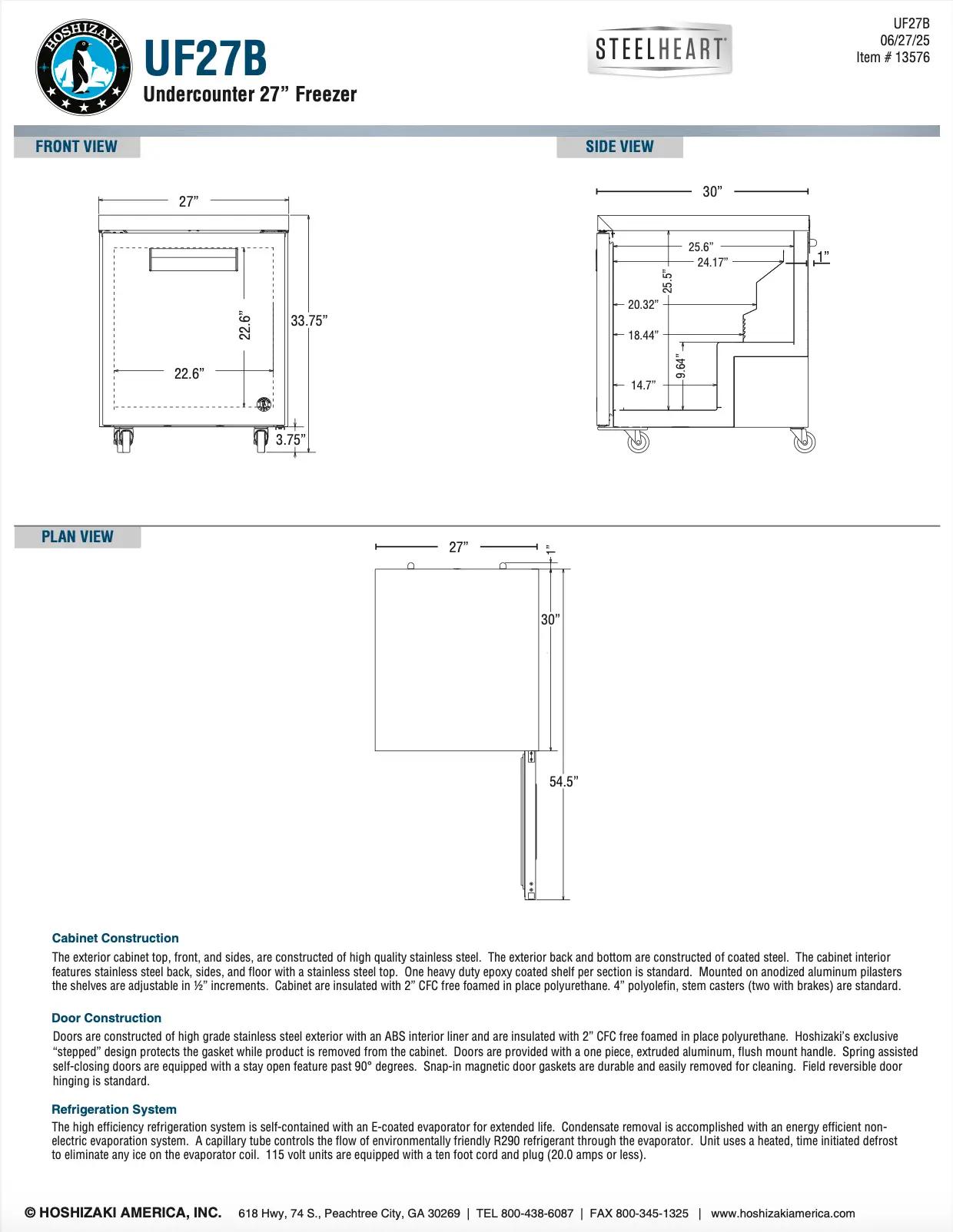 Blueprint of the Steelheart UF27B Undercounter 27” Freezer, including front and side views with dimensions and construction details.