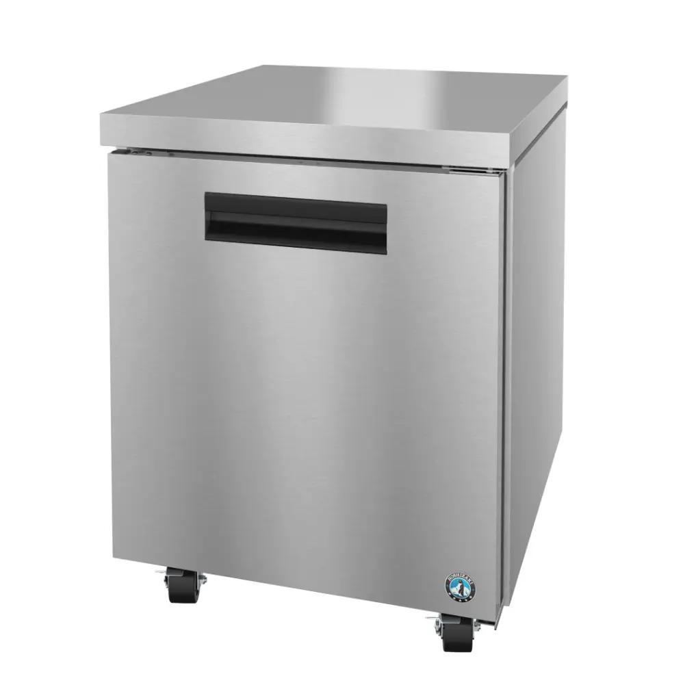 A stainless steel commercial refrigerator on wheels with a single door and recessed handle, highlighting Mid America's craftsmanship.