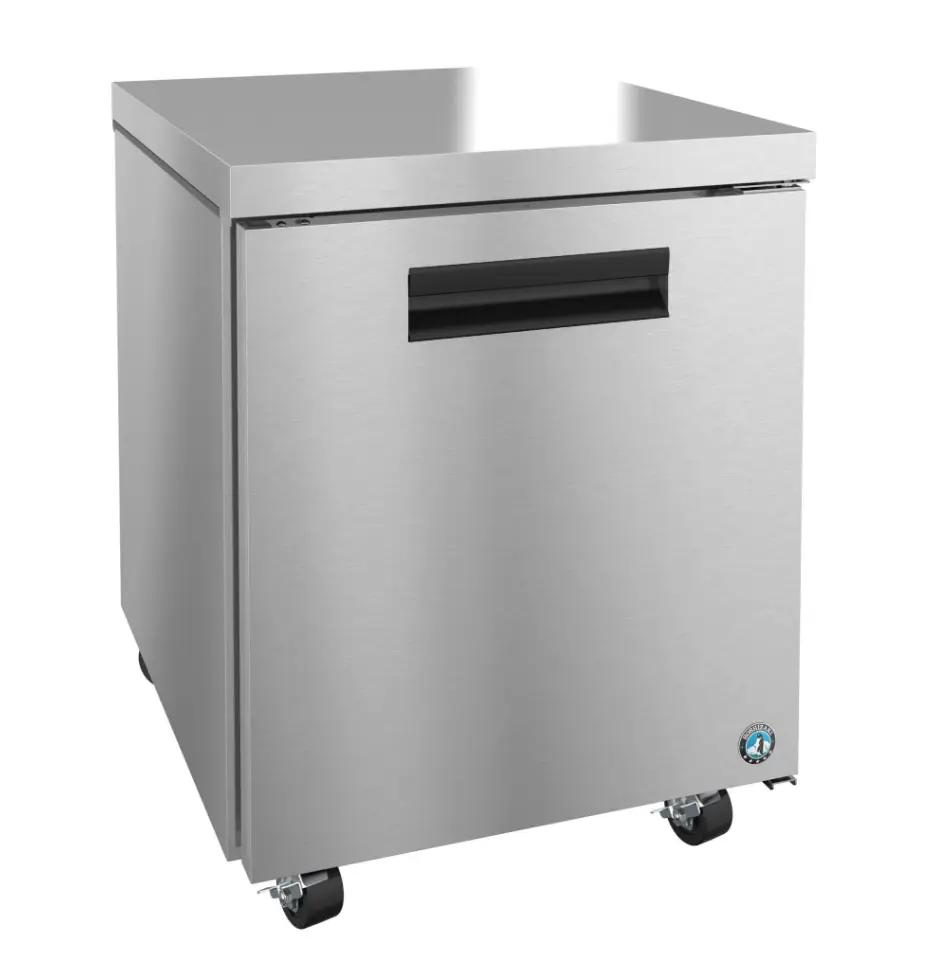 A stainless steel commercial refrigerator on wheels, featuring a single door and sleek design.