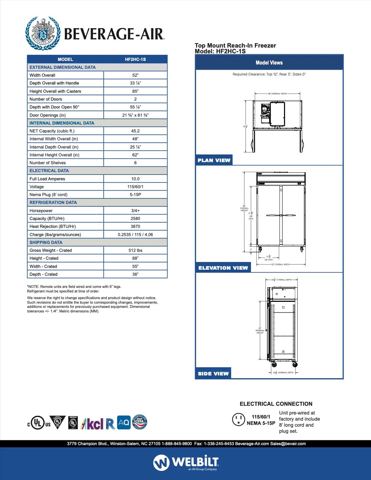 Alt-text: Technical specification sheet for Beverage-Air Top Mount Reach-In Freezer, Model HF2HC-1S, showing dimensions, electrical data, refrigeration data, and model views including plan, elevation, and side views.