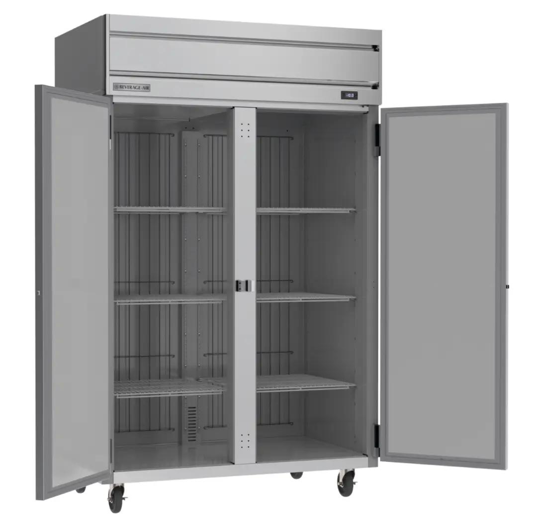 Commercial refrigerator with open double doors, displaying multiple shelves inside. The brand "Beverage-Air" is visible on the top panel.