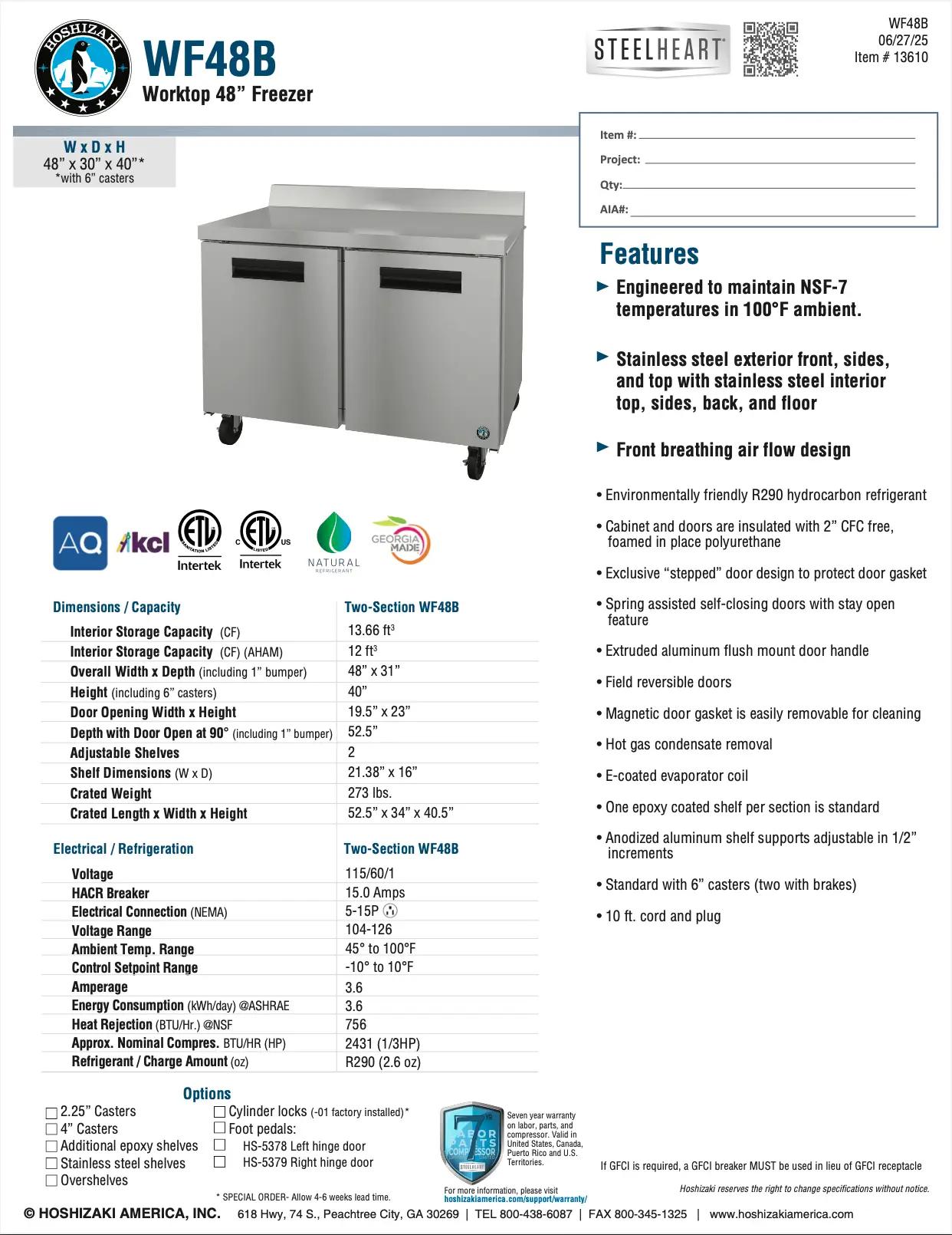 Hoshizaki Steelheart model WF48B worktop 48-inch freezer with features and specifications including stainless steel design, R290 refrigerant, and adjustable shelves.