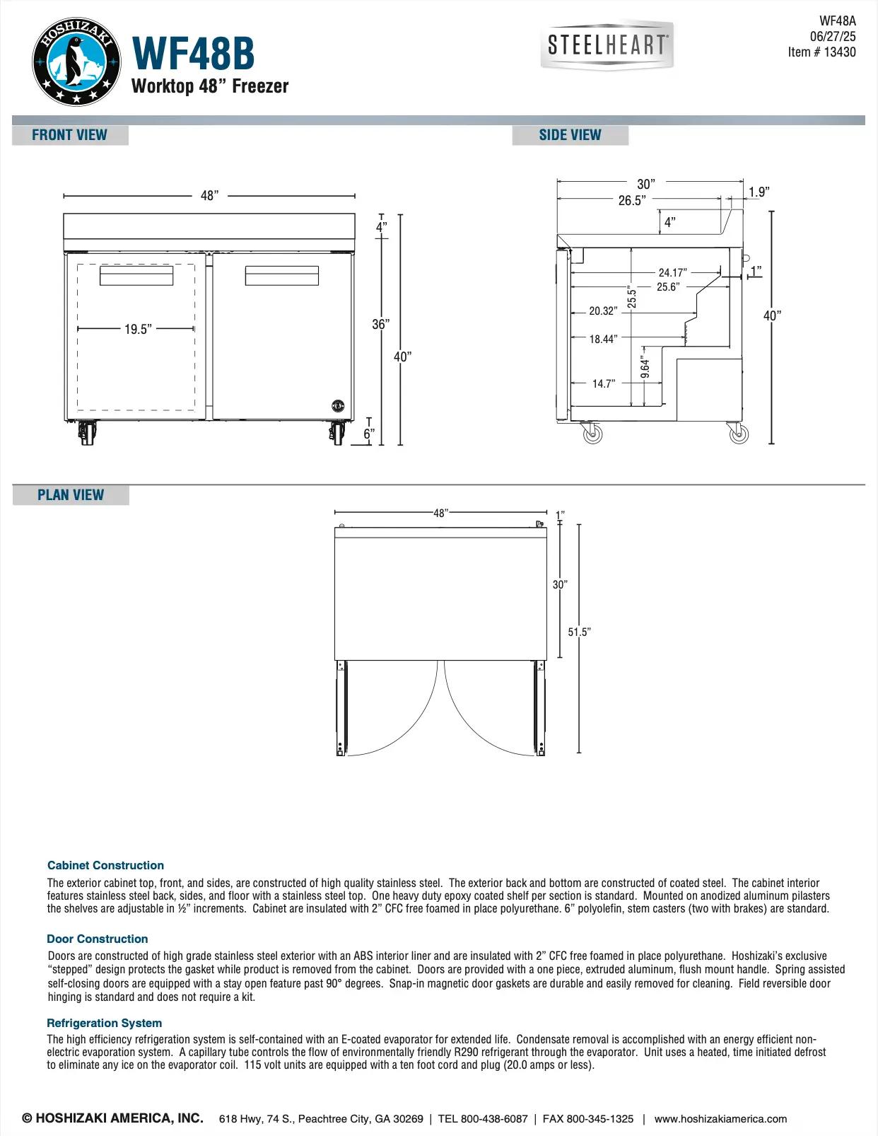 Technical drawing and specifications for Hoshizaki WF48B Worktop 48-inch Freezer, including front and side views, dimensions, and construction details.