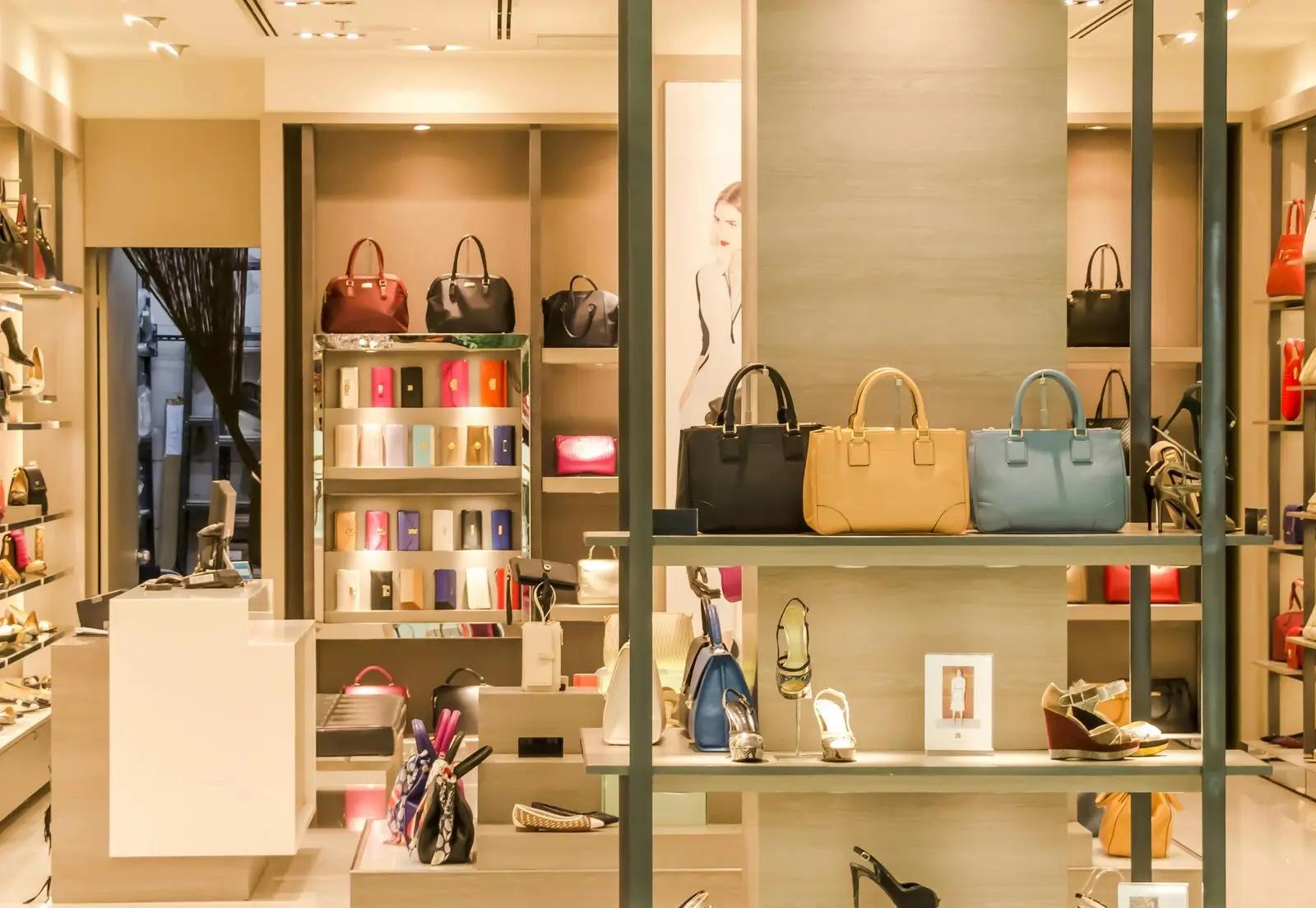 Fashion retail store interior displaying handbags, shoes, and accessories.