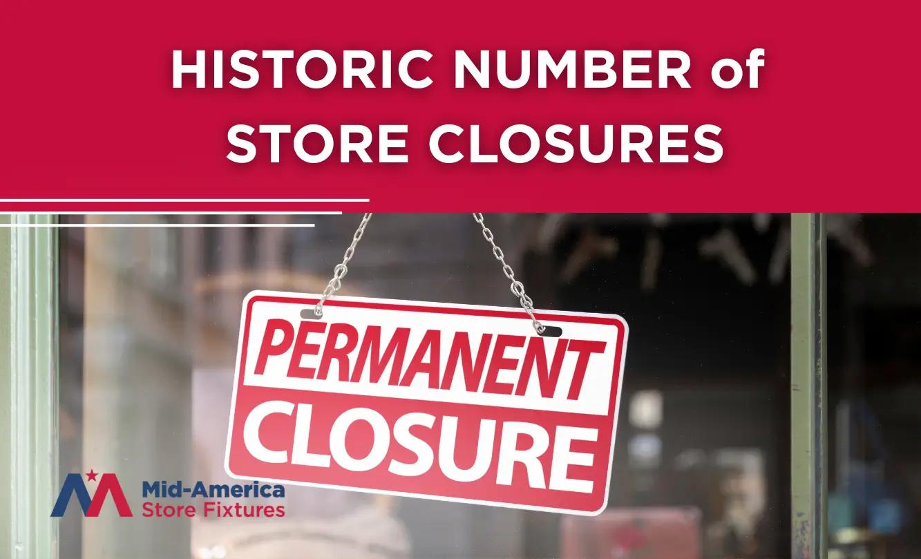 Sign hanging in a store window reading 'Permanent Closure' with overlay text 'Historic Number of Store Closures' and Mid-America Store Fixtures logo.