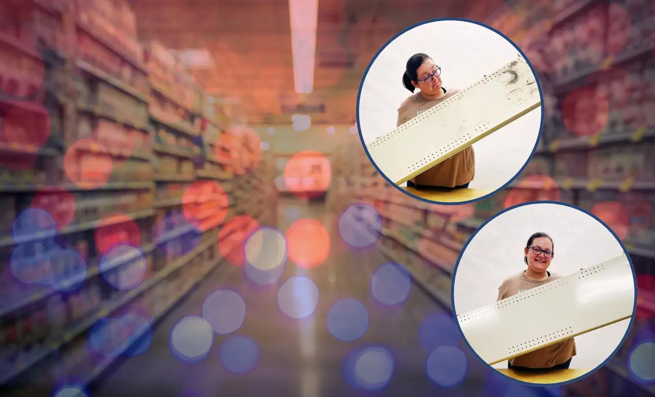 A supermarket aisle with shelves on either side, featuring two circular insets showing a woman holding a shelving unit. The background is blurred with a bokeh effect.