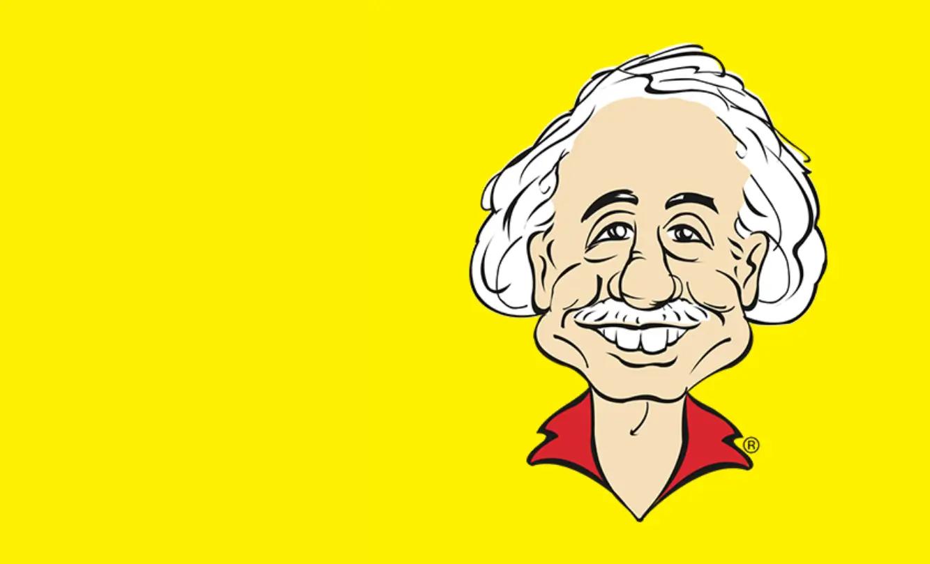 Cartoon caricature of an older man with white hair and a mustache, wearing a red shirt, set against a bright yellow background.