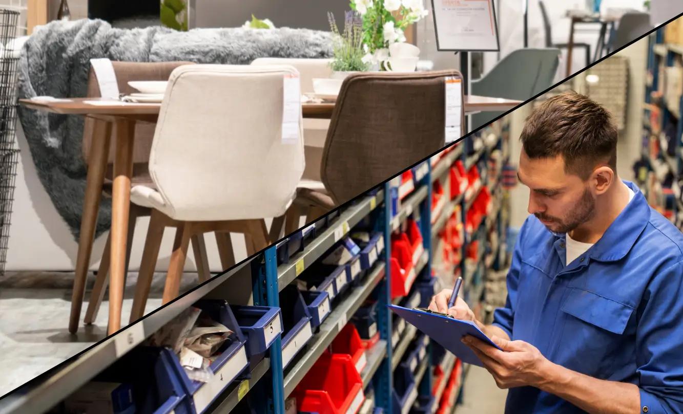 Split image showing a furniture showroom on the left with chairs and a table, and a worker in a warehouse checking inventory on the right.