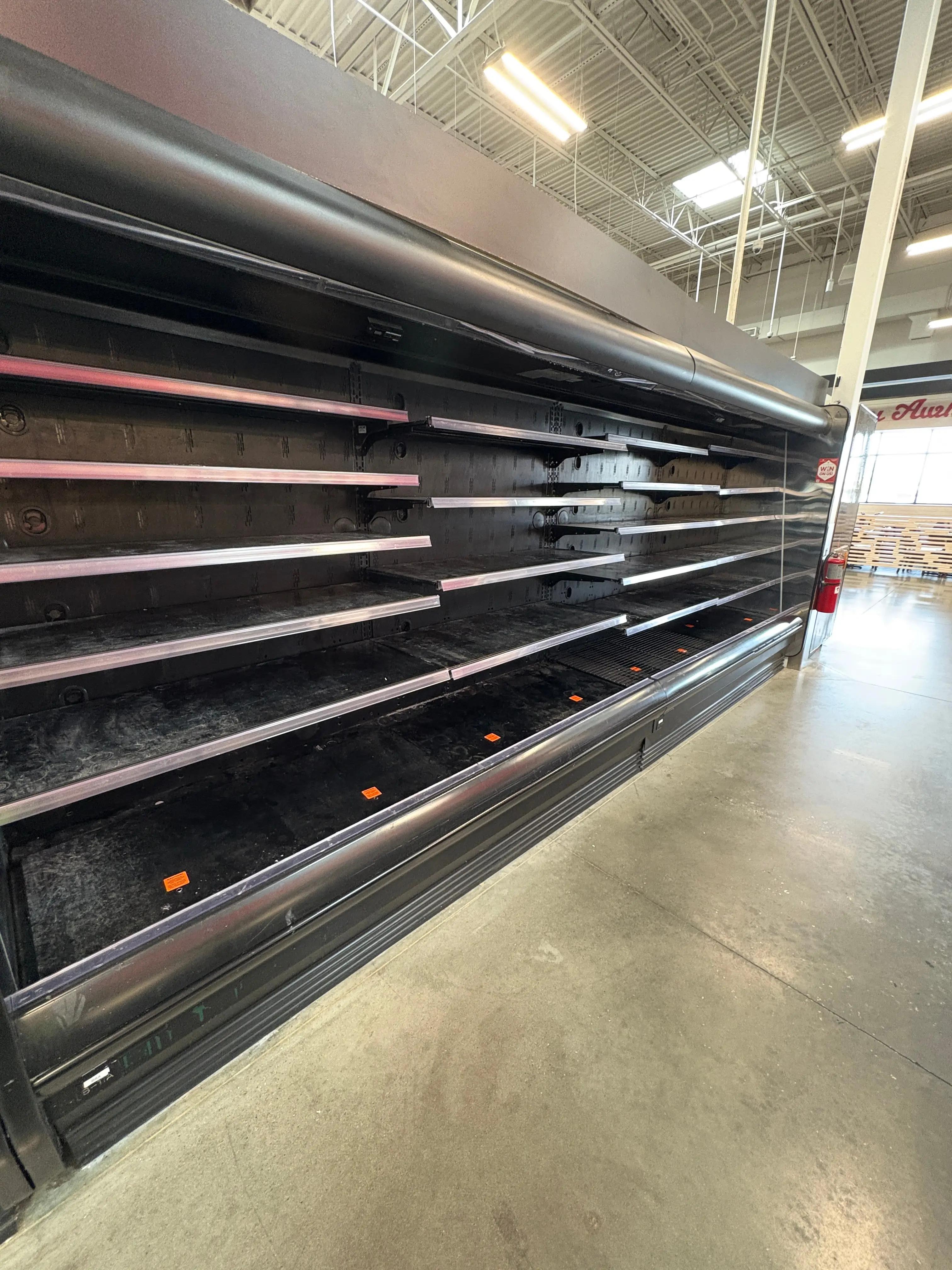 Used open refrigerated merchandiser from Mid-America Store Fixtures, grocery store cooler display for fresh food, dairy, and produce departments