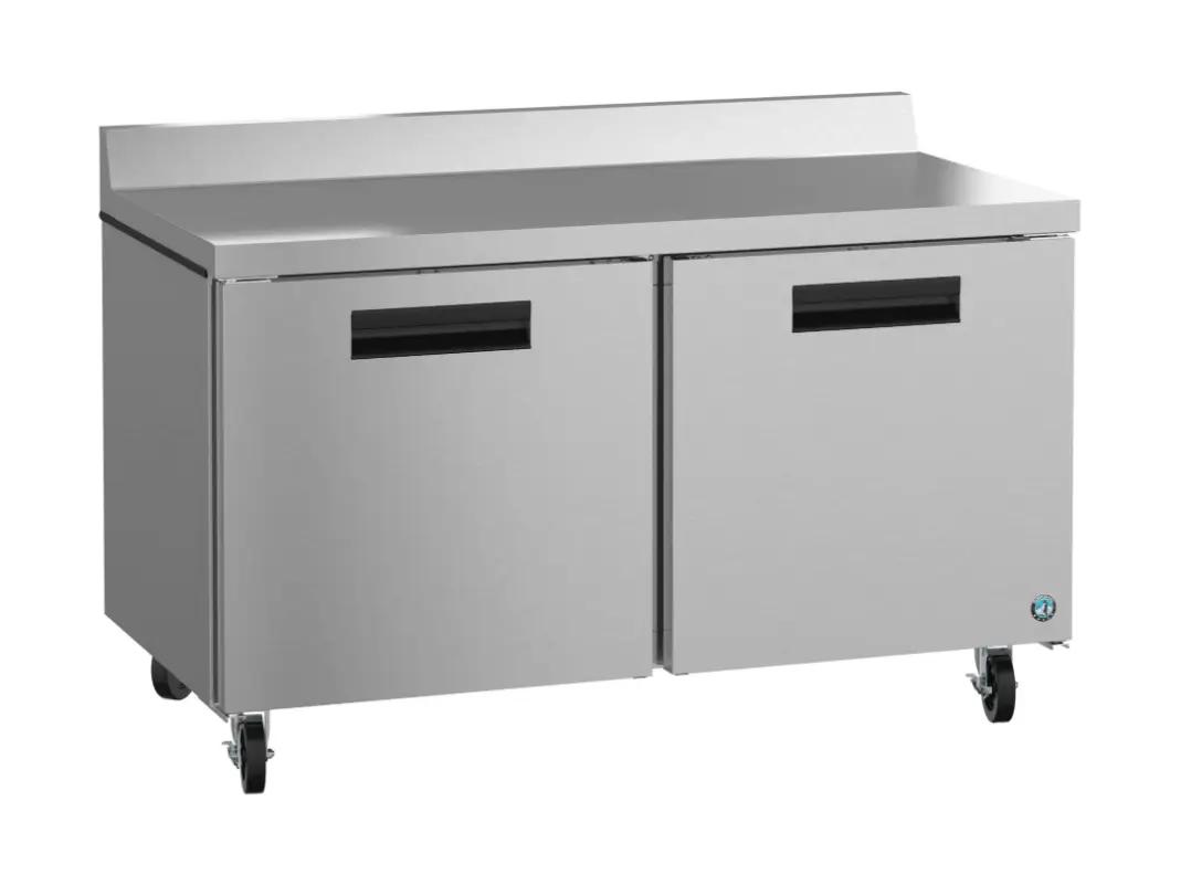 Commercial stainless steel two-door refrigerator on wheels, suitable for industrial kitchens.