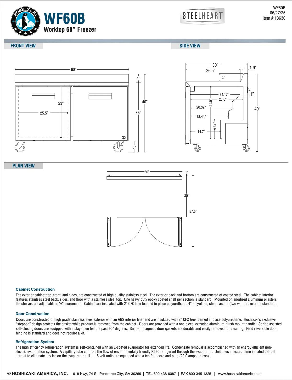 Technical drawings of Hoshizaki WF60B Steelheart Worktop 60-inch Freezer showing front, side, and plan views with detailed measurements and specifications.