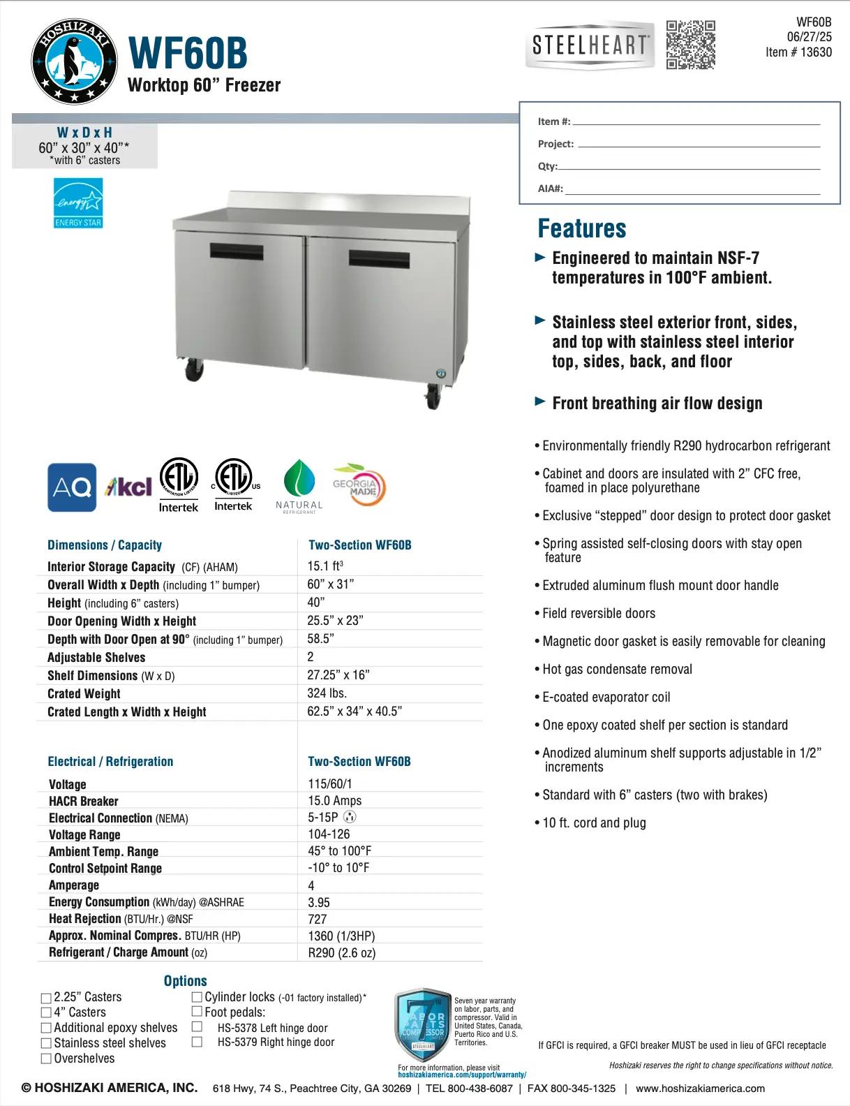 Hoshizaki WF60B 60-inch worktop freezer featuring stainless steel exterior, energy efficiency, and detailed specifications including dimensions, capacity, and features. Part of Steelheart series, suitable for commercial kitchens.