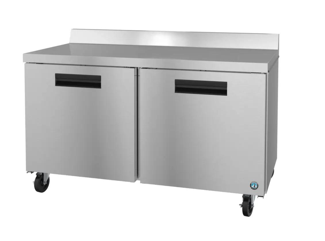 Stainless steel commercial refrigeration unit with two doors and wheels, suitable for a kitchen setting.