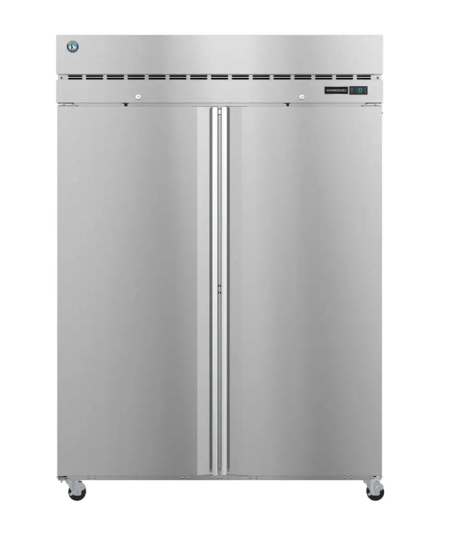 A stainless steel double door commercial refrigerator on wheels.
