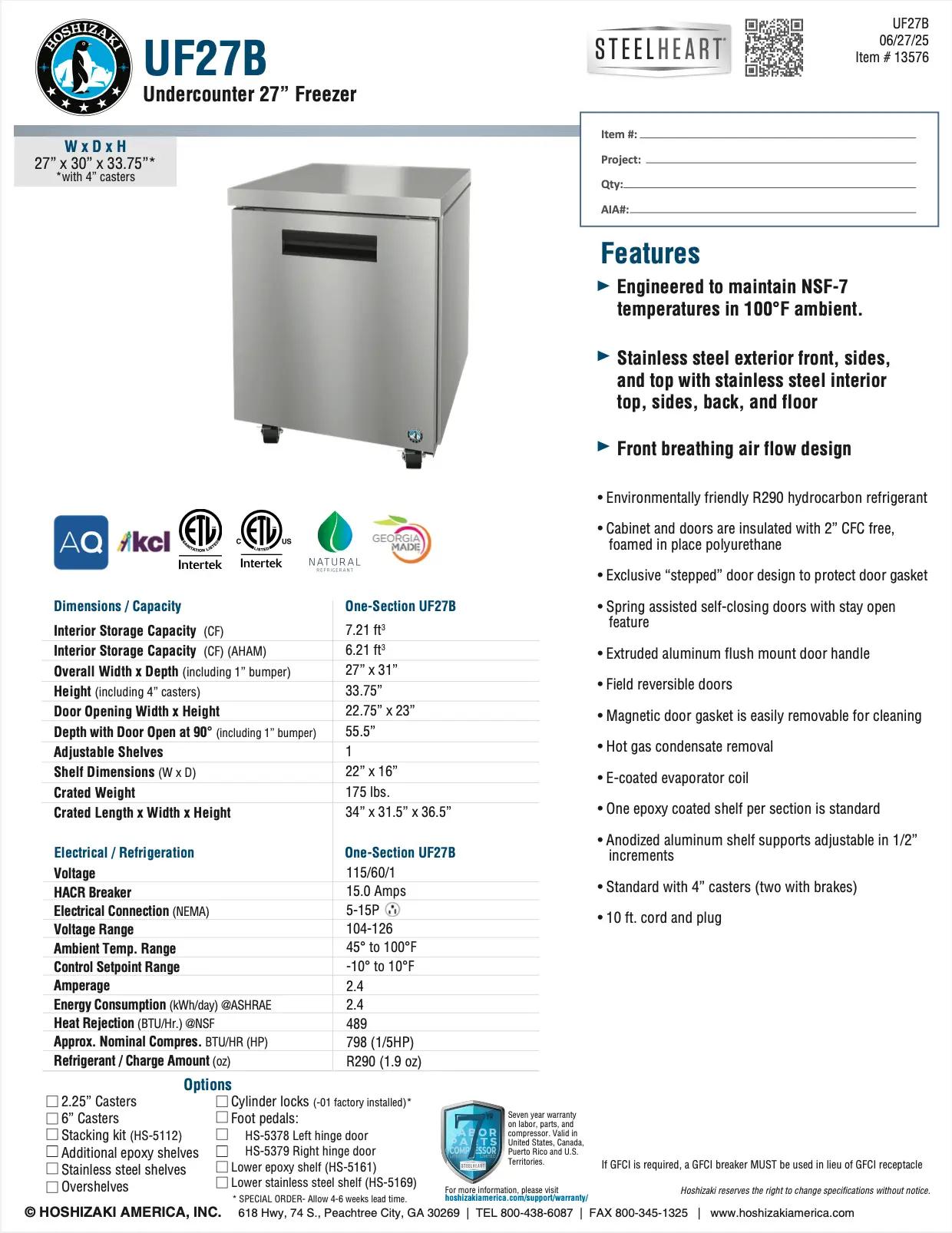 Hoshizaki UF27B Undercounter 27 Freezer featuring stainless steel exterior, adjustable shelves, energy-efficient design, and NSF-7 certification.