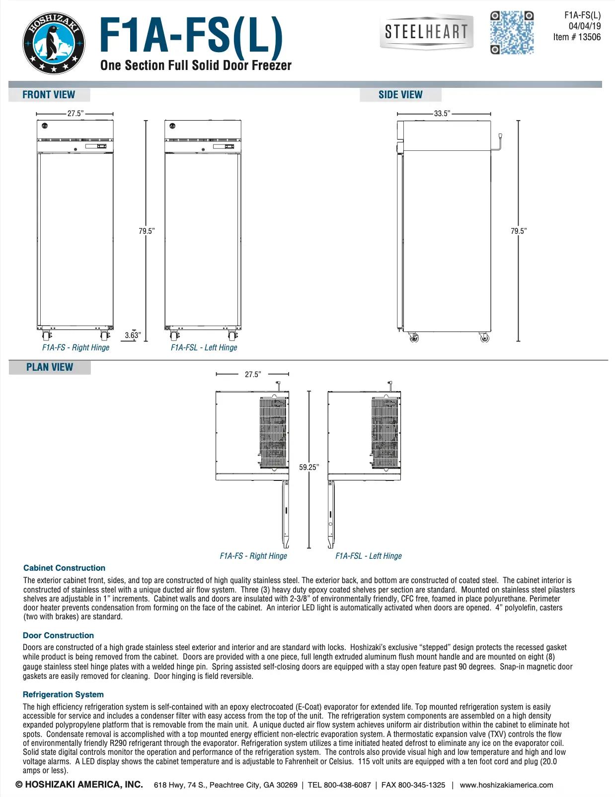 Technical specifications and diagrams of Hoshizaki F1A-FS(L) full solid door freezer, showing front, side, and plan views with measurements.