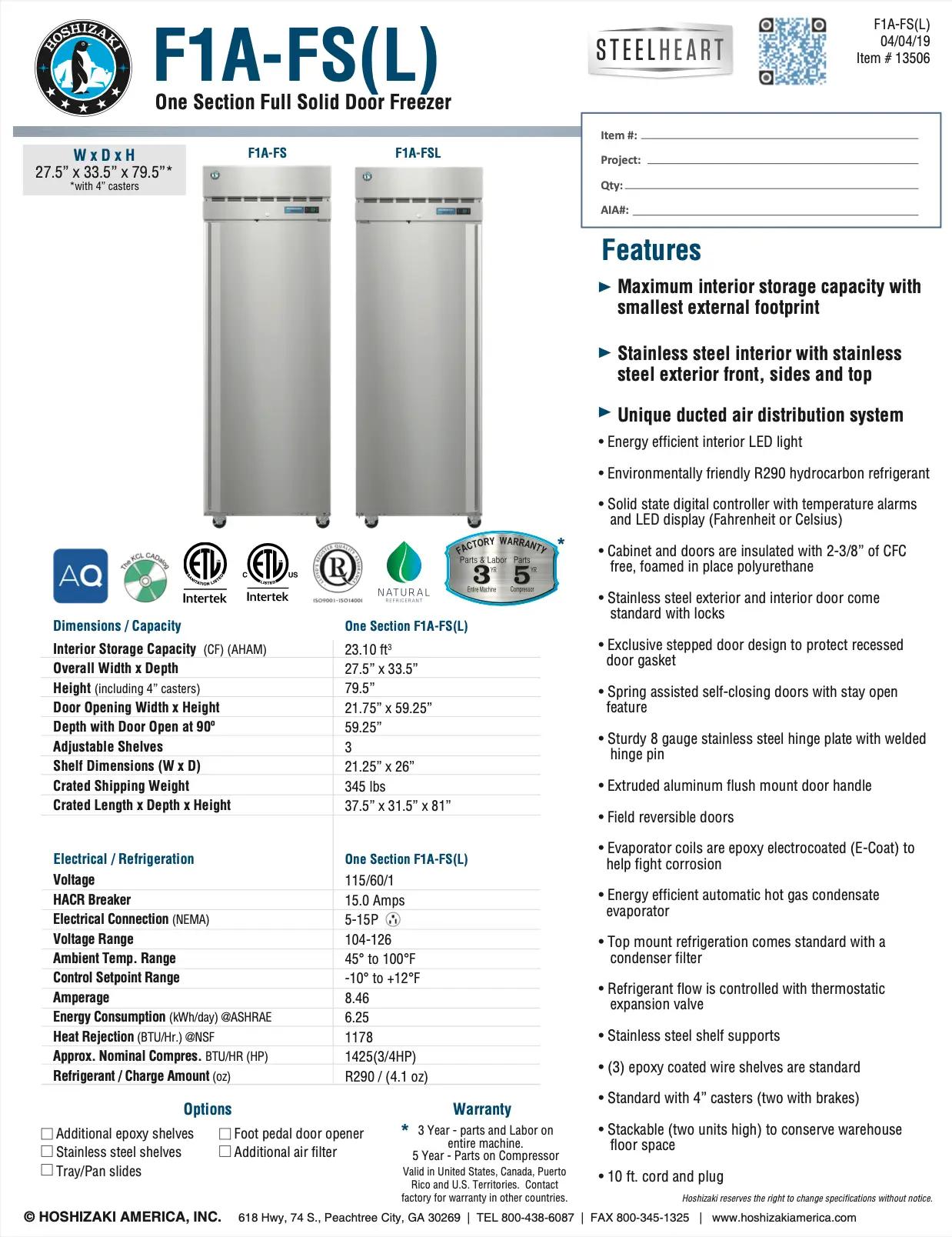 Hoshizaki F1A-FS(L) one section full solid door freezer brochure with specifications, features, and warranty details.