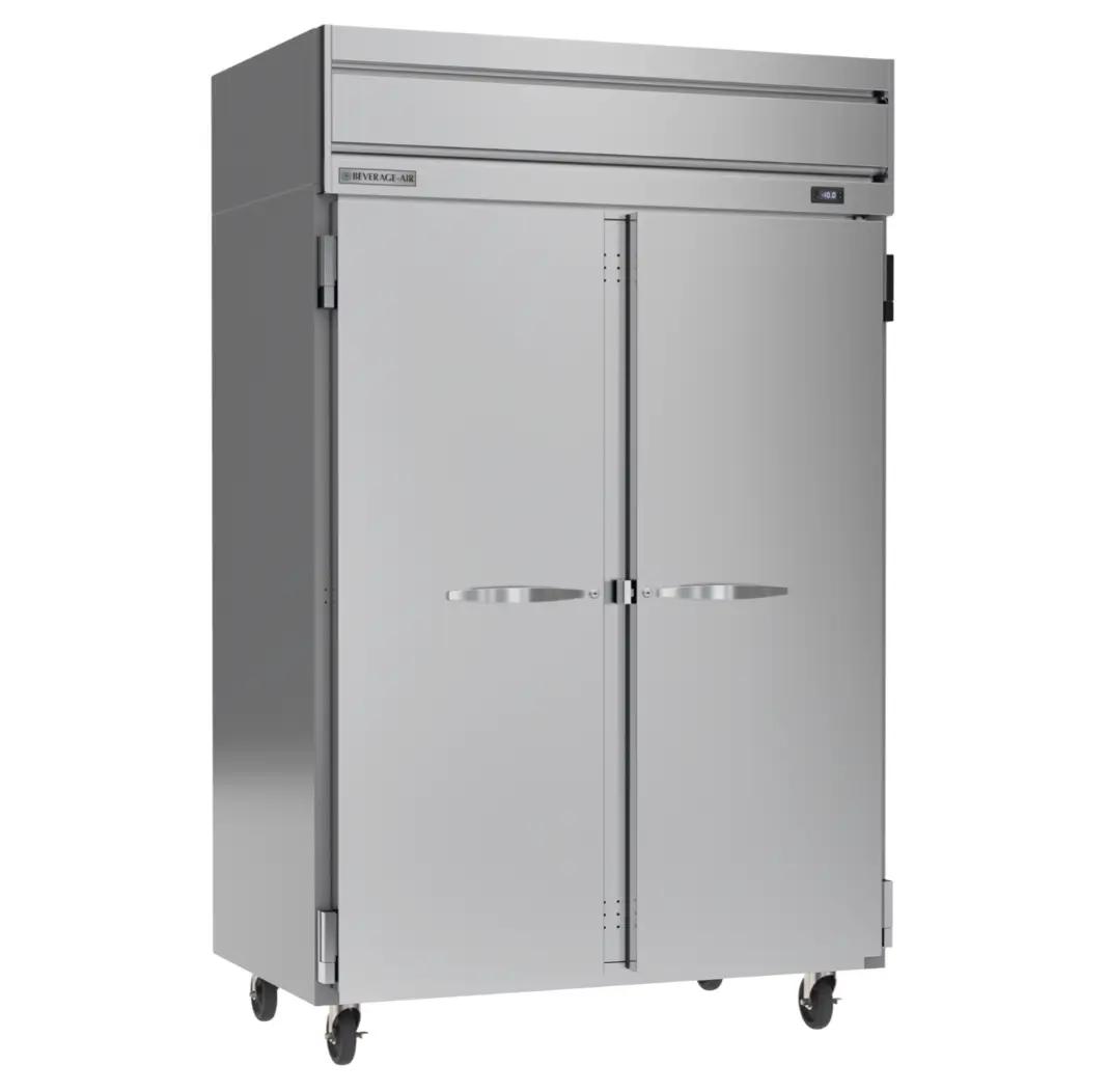 Commercial stainless steel double door refrigerator on caster wheels.