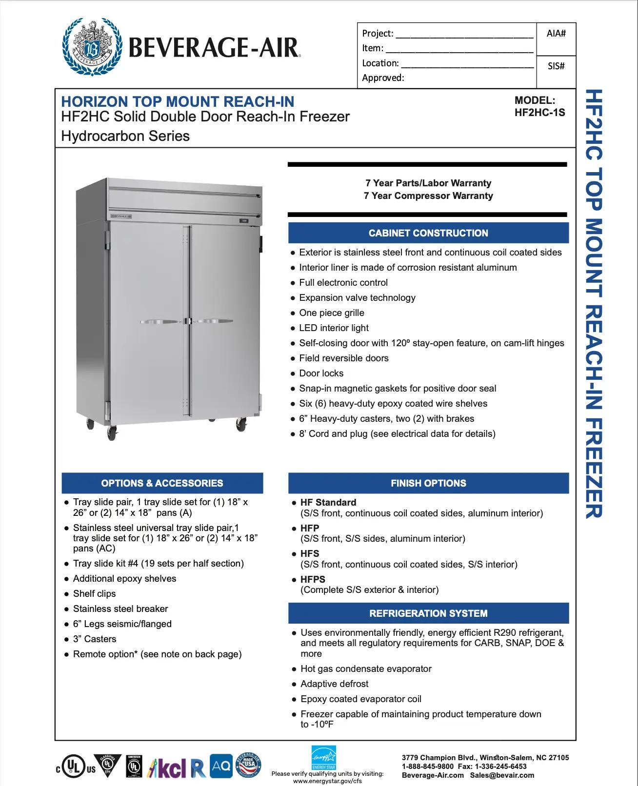 Product specification sheet for Beverage-Air Horizon Top Mount Reach-In freezer. Details include cabinet construction, options, accessories, finish options, and refrigeration system.