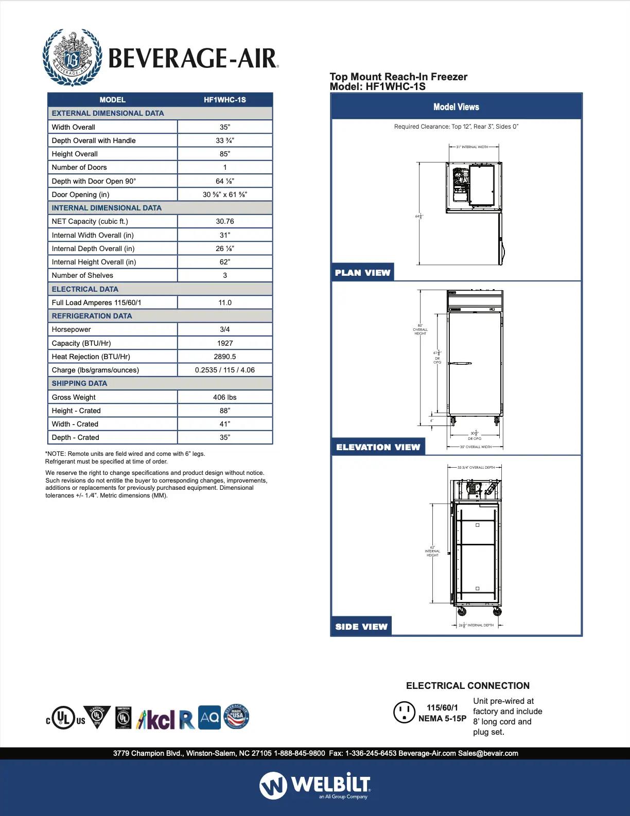 Specification sheet for Beverage-Air Top Mount Reach-In Freezer Model HF1WHC-1S including dimensions, model views, and technical details.