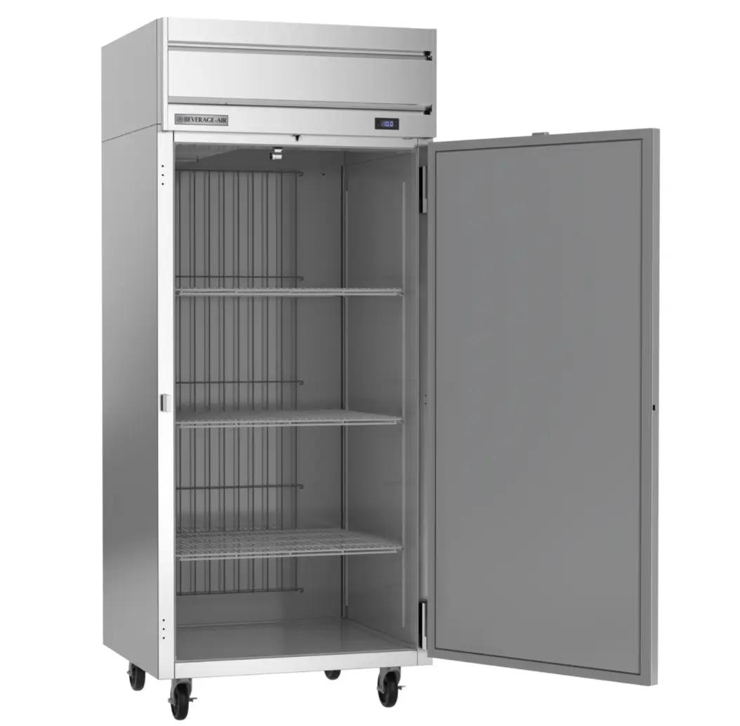 Open commercial refrigerator with multiple shelves, designed for industrial kitchen use.