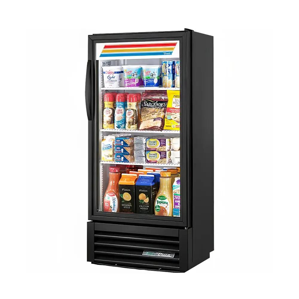 True glass door reach-in cooler merchandiser for beverages and refrigerated retail display equipment