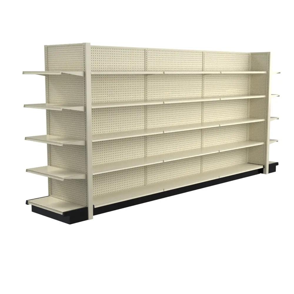 Lozier gondola shelving unit with pegboard backing for retail store fixtures and merchandise display
