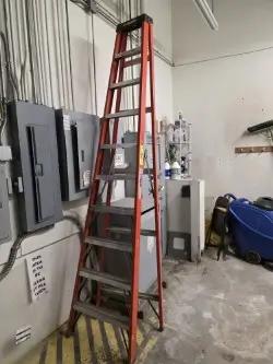 Rolling platform ladder for retail stockroom and warehouse access equipment used for stocking and inventory management