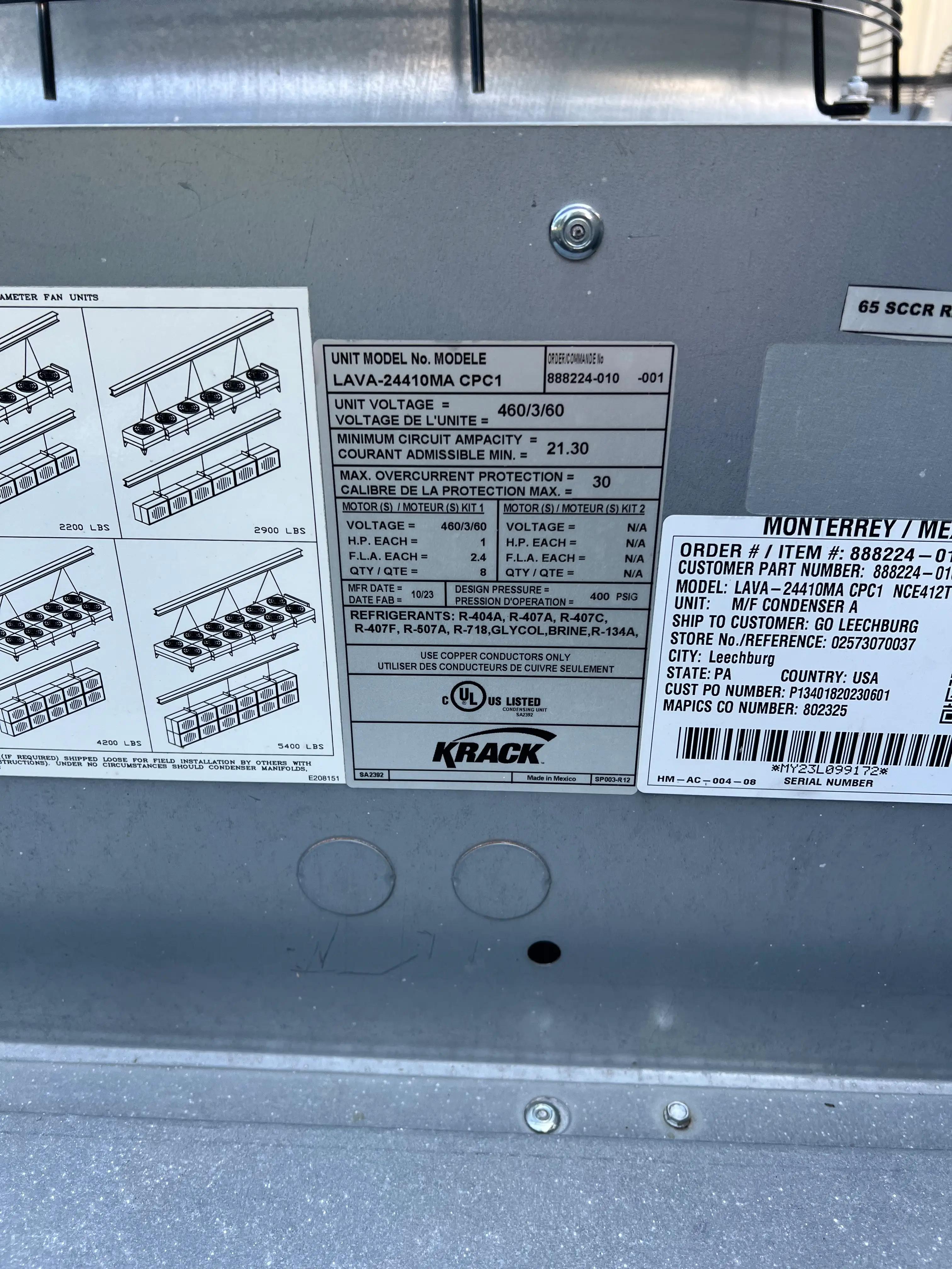 Industrial equipment label with model information including unit voltage, minimum circuit ampacity, and other specifications.