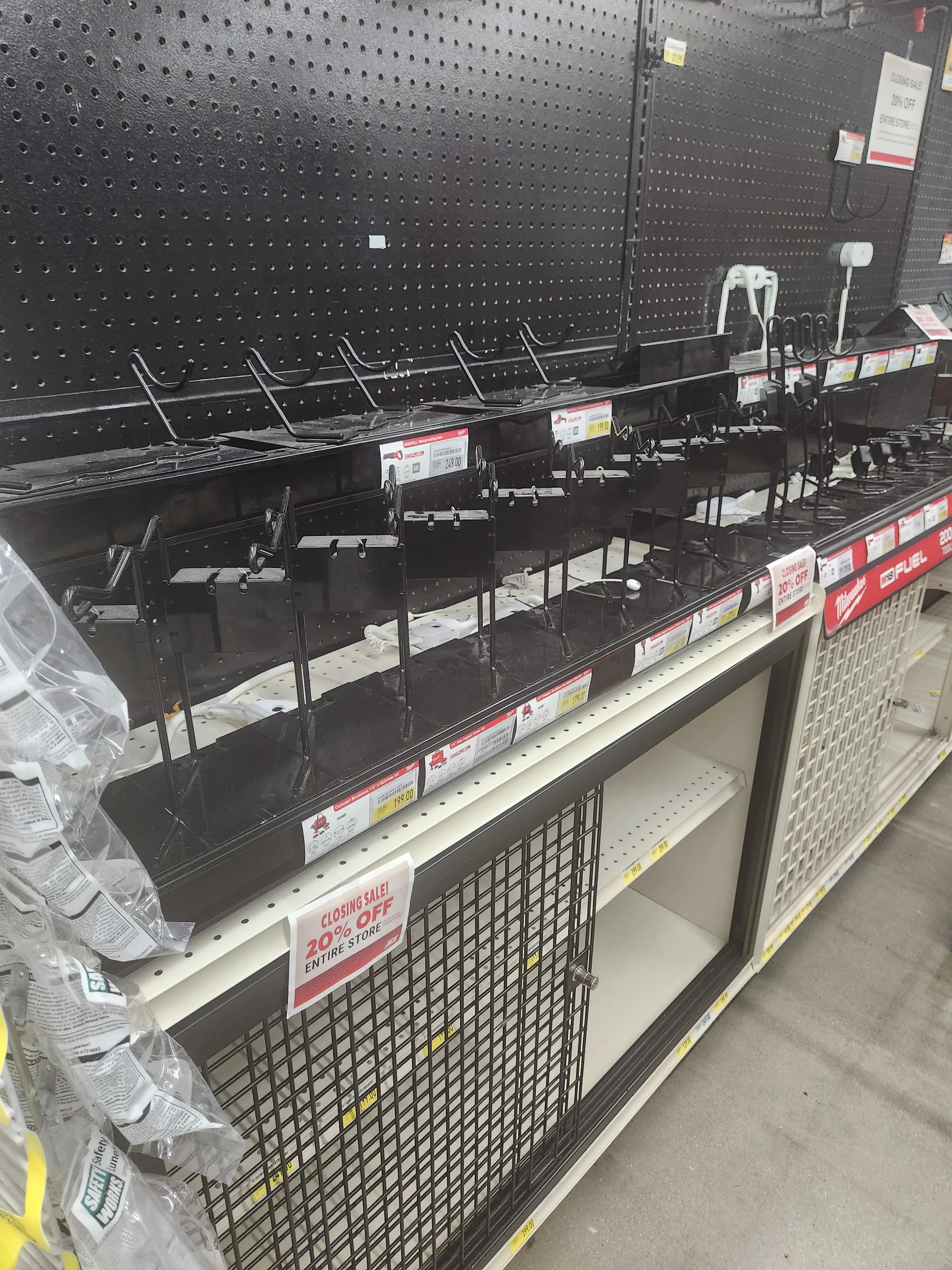 An empty store shelf with hooks and price tags for tools, accompanied by a "Closing Sale! 20% Off Entire Store" sign, indicating the store is in the process of closing down.